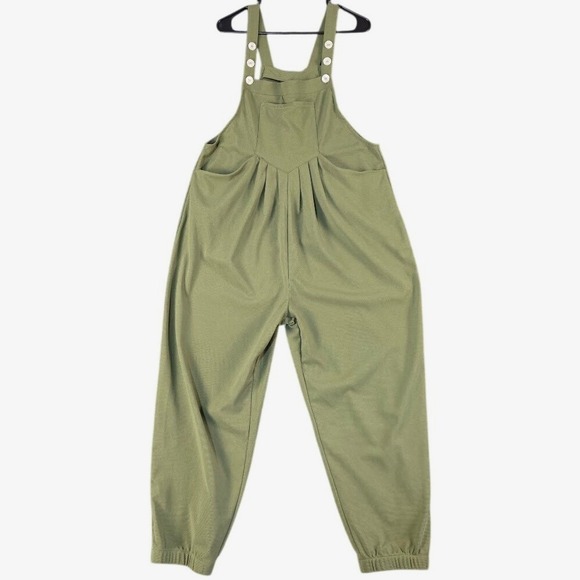 Halara Olive Green Pleated Bib Jumpsuit Pockets Large L Relaxed Tapered Leg - Picture 7 of 9